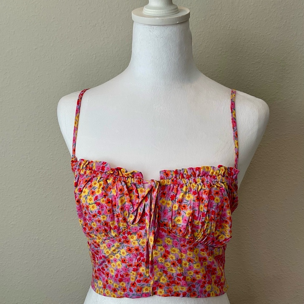 Dress Forum Floral Pink Crop Top with Ruffle Trim